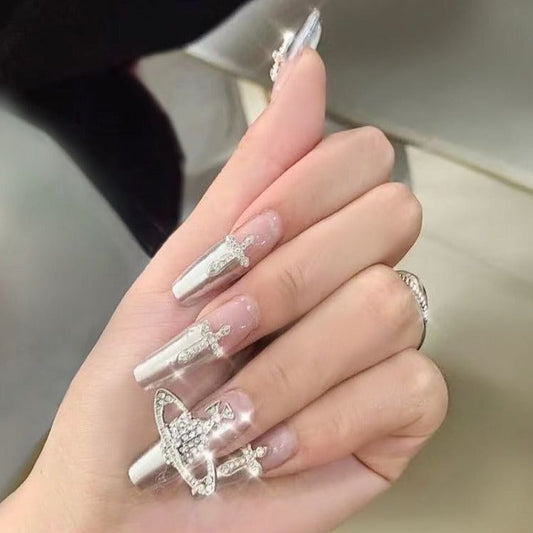 Designer: DuoDuo 2001.Handmade nails Press on Nails DIY Nail Art for woman girl French Long Coffin silver