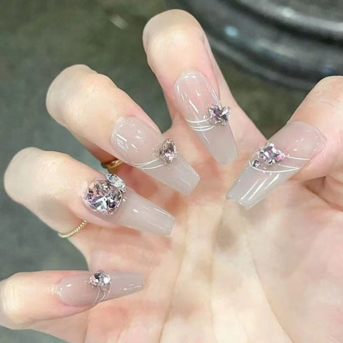 Designer: DuoDuo 1303.Handmade nails Press on Nails DIY Nail Art for woman girl Long Coffin white rhinestone