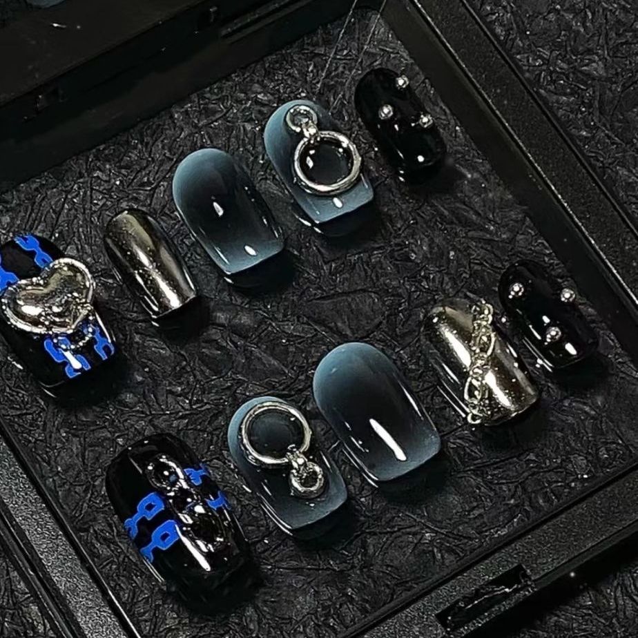 Designer: PinPin 1402.Handmade nails Press on Nails DIY Nail Art for woman girl Short Coffin black blue Metal