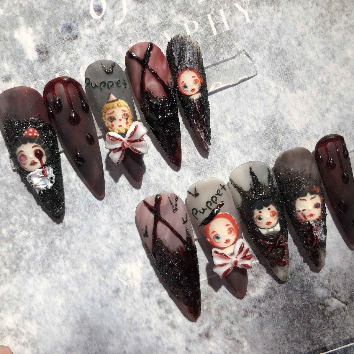 Designer: PinPin 1006.Handmade nails Press on Nails DIY Nail Art for woman girl  Almond Long brown Cartoon