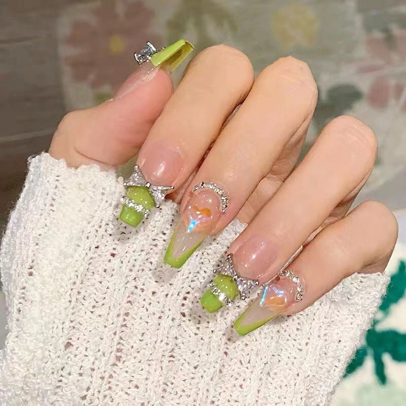 Designer: DuoDuo 1123.Handmade nails Press on Nails DIY Nail Art for woman girl French Long Coffin pink green