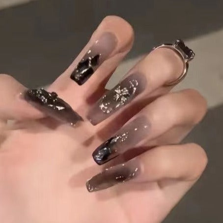 Designer: DuoDuo 2043.Handmade nails Press on Nails DIY Nail Art for woman girl Long Coffin black