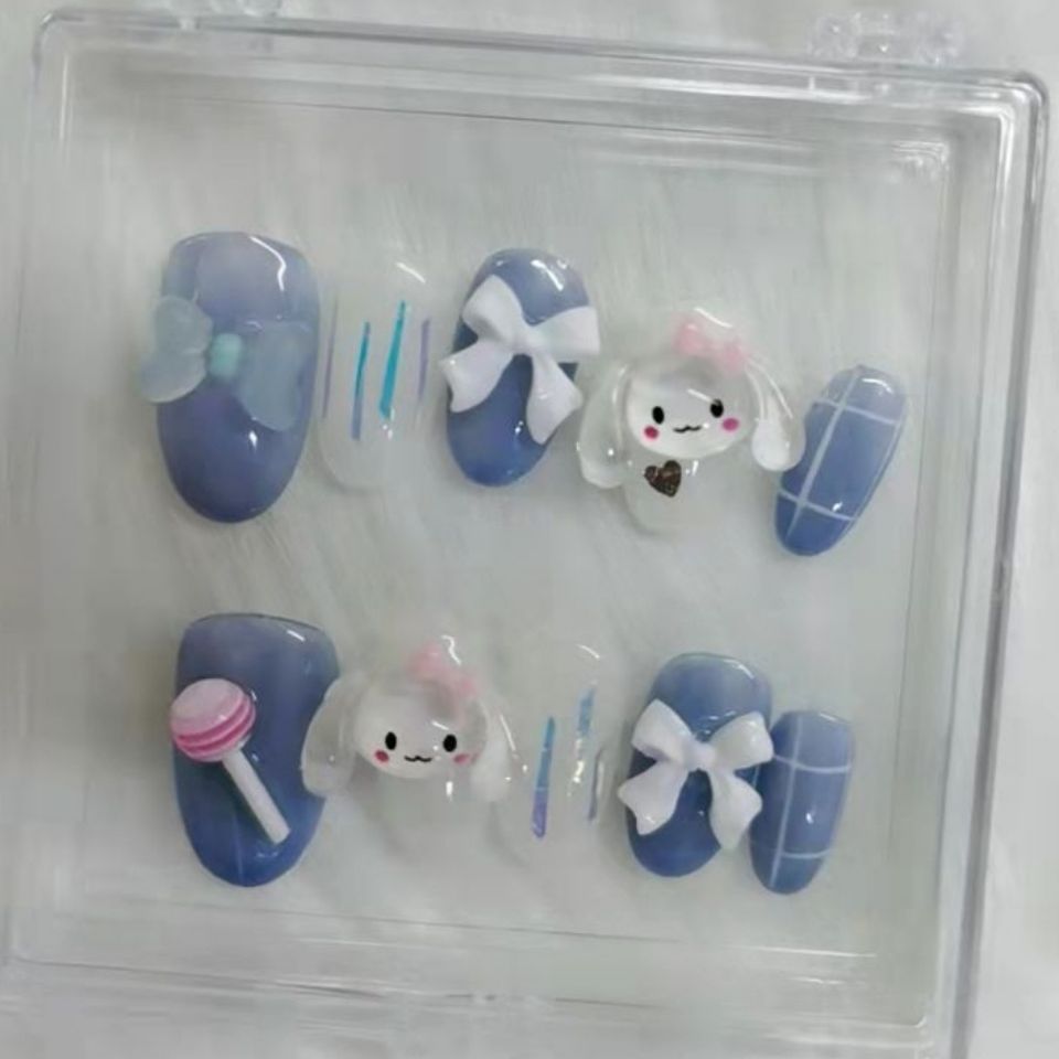 Designer: PinPin 1236.Handmade nails Press on Nails DIY Nail Art for woman girl child Short Almond Cartoon blue