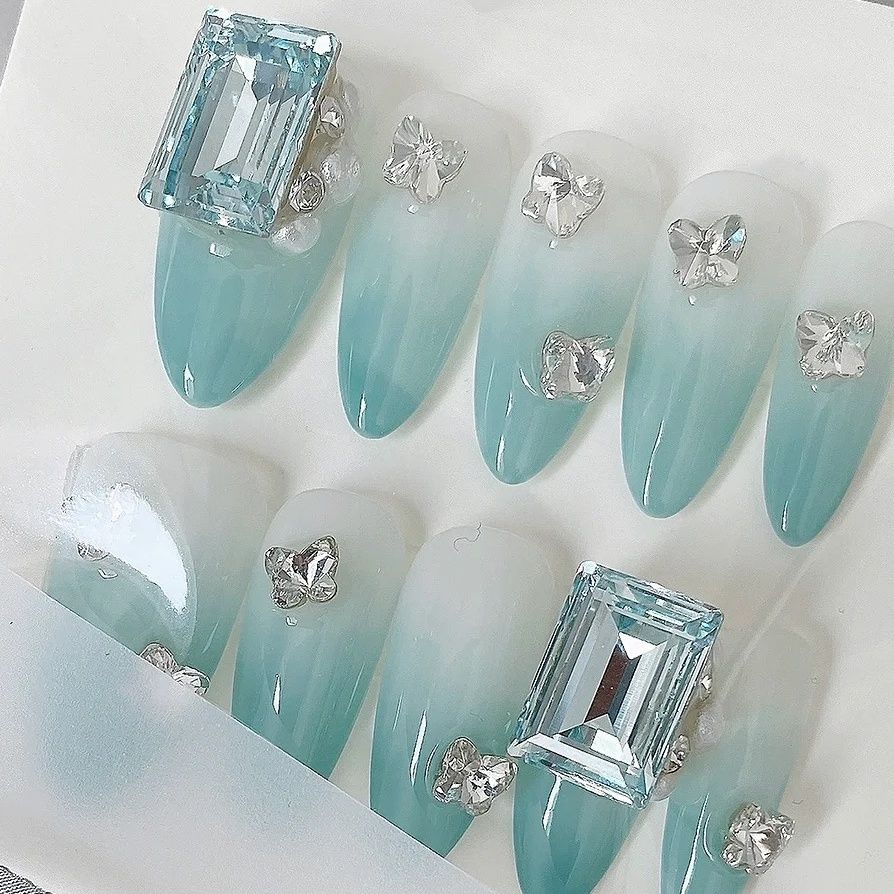 Designer: PinPin 2022.Handmade nails Press on Nails DIY Nail Art for woman girl Almond Long blue rhinestone