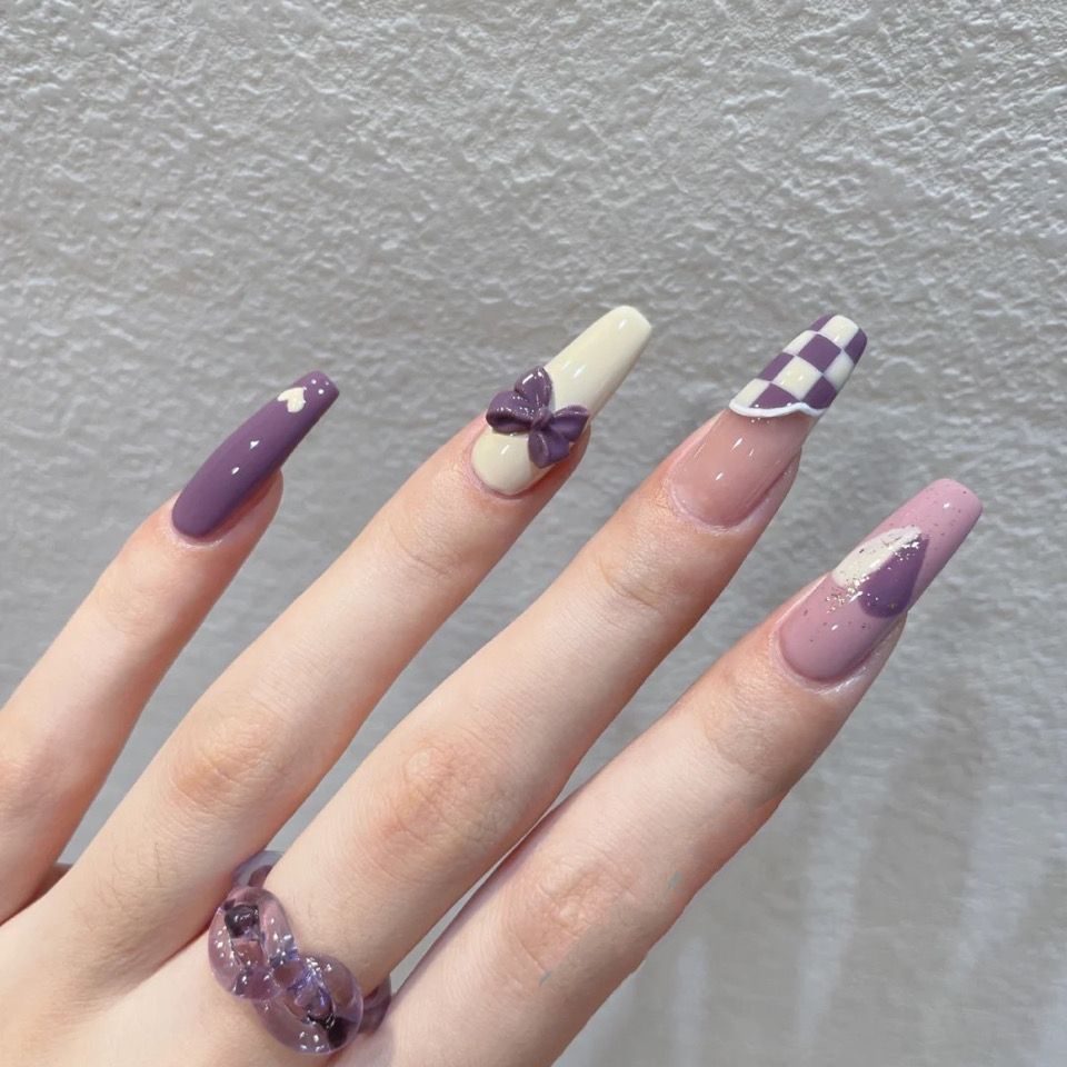 Designer: DuoDuo 1404.Handmade nails Press on Nails DIY Nail Art for woman girl Long Coffin purple