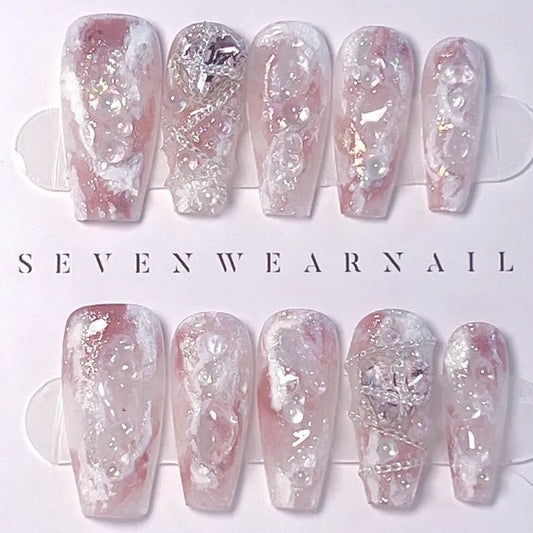 Designer: PinPin 1101.Handmade nails Press on Nails DIY Nail Art for woman girl Long Coffin pink white