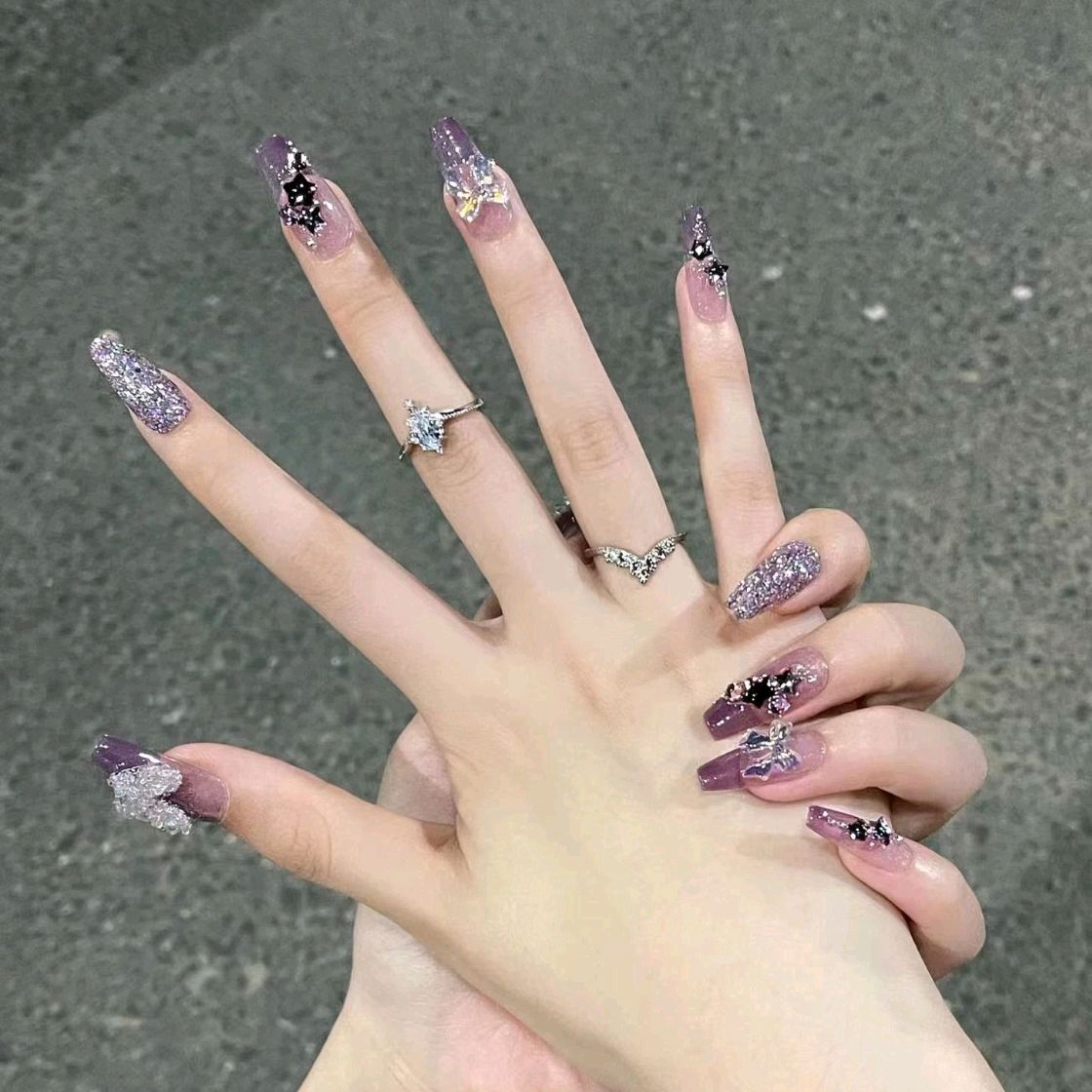 Designer: DuoDuo 3004.Handmade nails Press on Nails DIY Nail Art for woman girl Long Coffin wedding purple