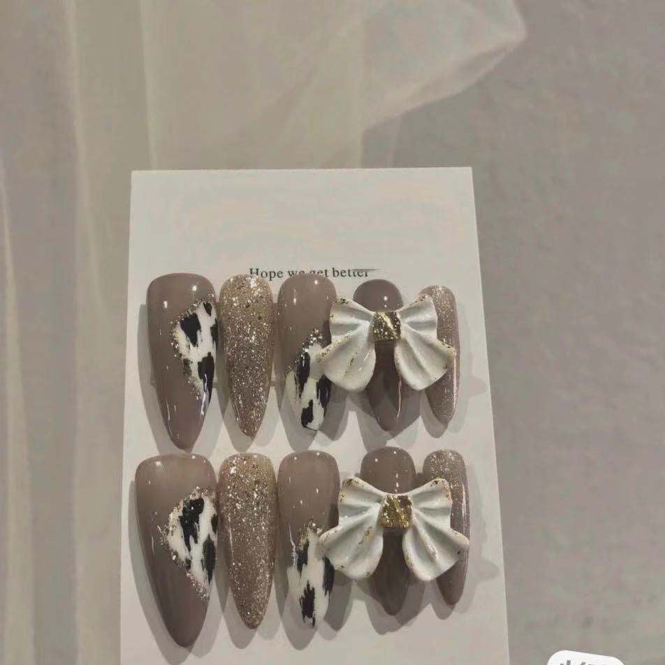 Designer: DuoDuo 2020.Handmade nails Press on Nails DIY Nail Art for woman girl Almond Long brown