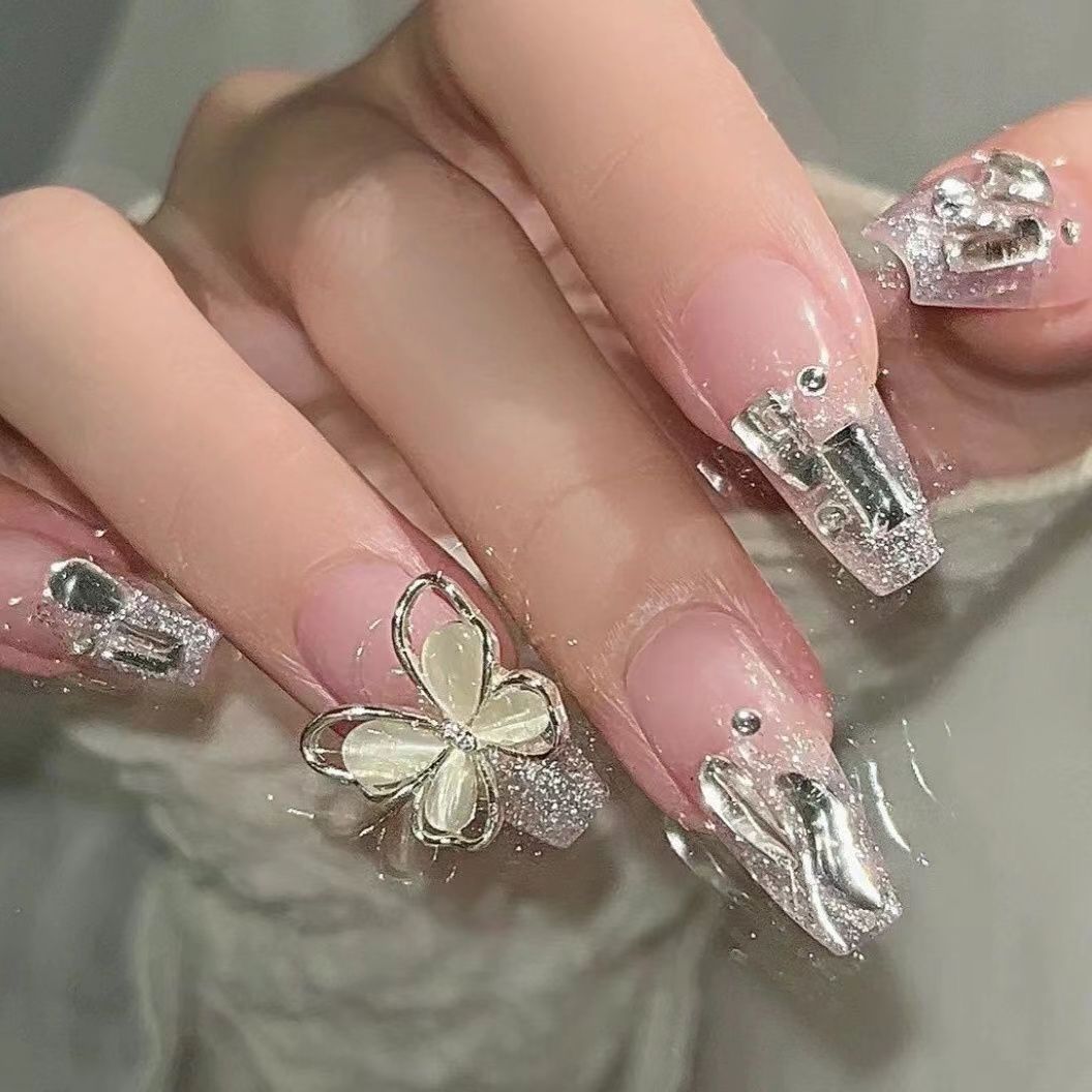 Designer: DuoDuo 1237.Handmade nails Press on Nails DIY Nail Art for woman girl French Long Coffin pink rhinestone