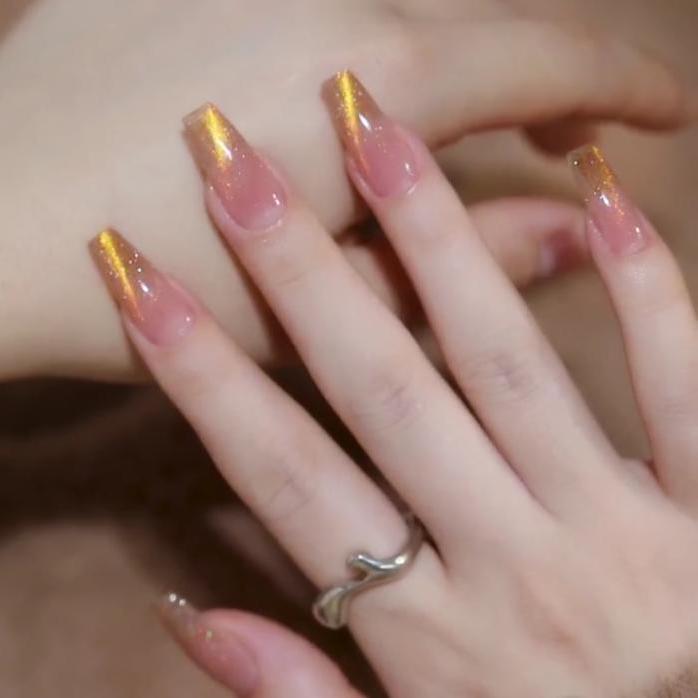 Designer: DuoDuo 1204.Handmade nails Press on Nails DIY Nail Art for woman girl French Cat Eyes Long Coffin gold pink