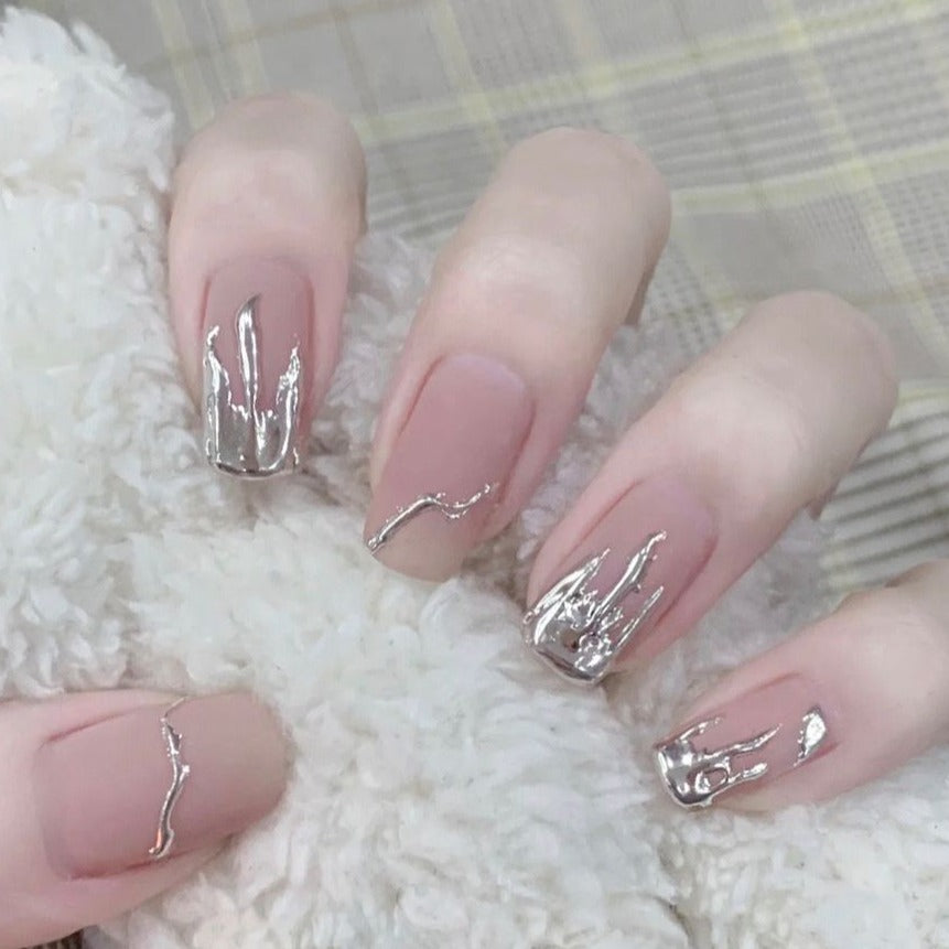 Designer: DuoDuo 2064.Handmade nails Press on Nails DIY Nail Art for woman girl Short pink silver