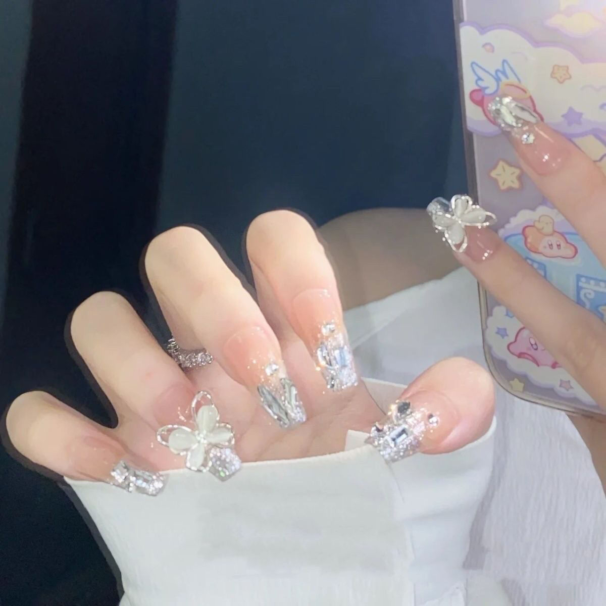 Designer: DuoDuo 1114.Handmade nails Press on Nails DIY Nail Art for woman girl French Long Coffin pink silver rhinestone