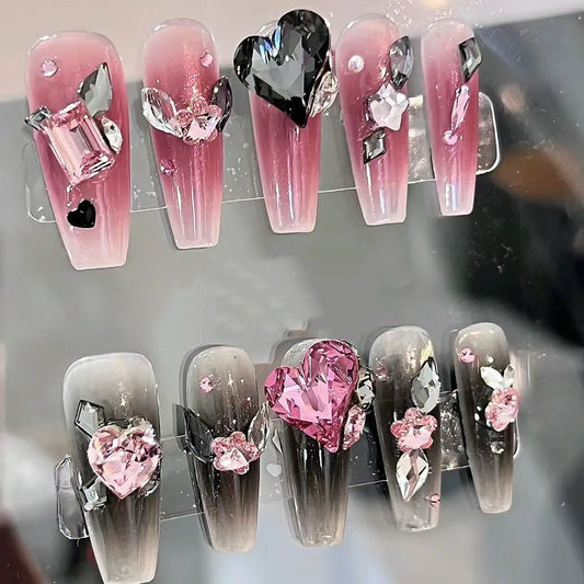 Designer: PinPin 1264.Handmade nails Press on Nails DIY Nail Art for woman girl rhinestone  Long Coffin pink black