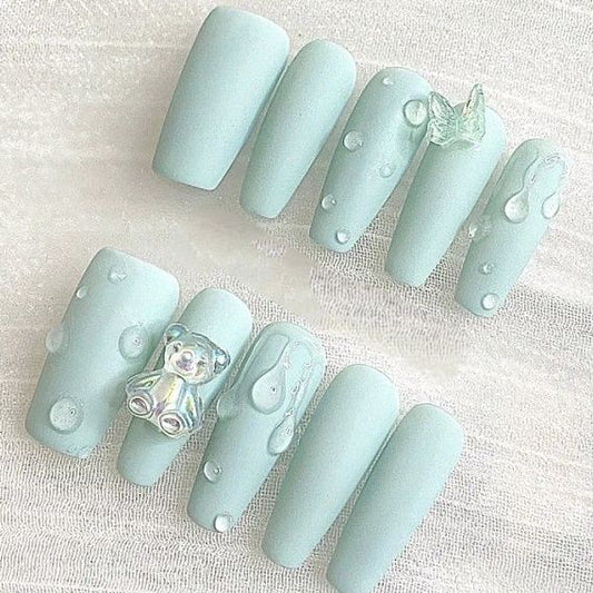 Designer: PinPin 3014.Handmade nails Press on Nails DIY Nail Art for woman girl Long Coffin blue green