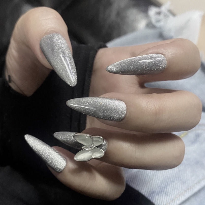 Designer: DuoDuo 1607.Handmade nails Press on Nails DIY Nail Art for woman girl Long Almond Shining silver