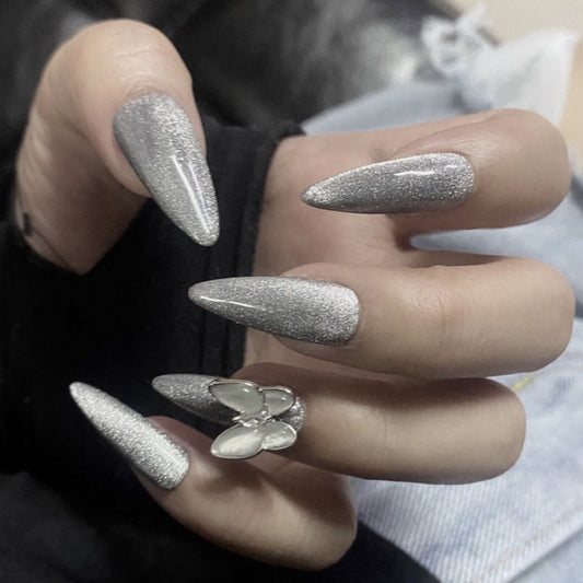 Designer: DuoDuo 1607.Handmade nails Press on Nails DIY Nail Art for woman girl Long Almond Shining silver