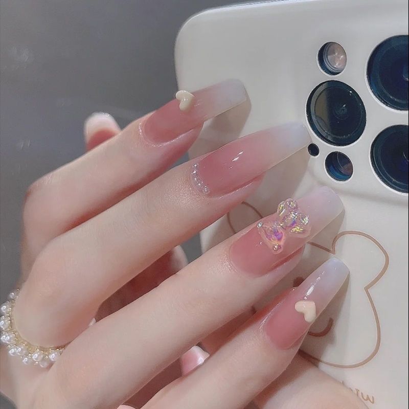 Designer: DuoDuo 1239.Handmade nails Press on Nails DIY Nail Art for woman girl French Long Coffin pink