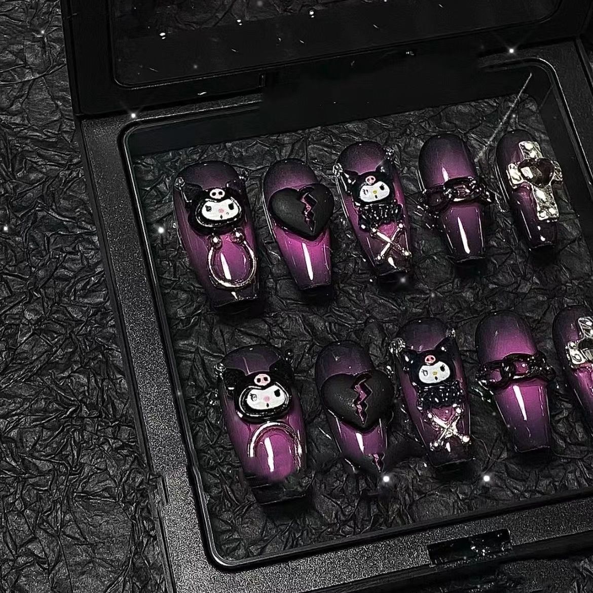 Designer: PinPin 1411.Handmade nails Press on Nails DIY Nail Art for woman girl Long Coffin purple black Metal Cartoon