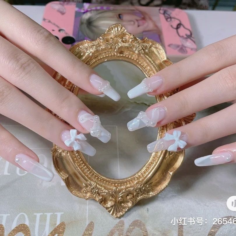 Designer: DuoDuo 3005.Handmade nails Press on Nails DIY Nail Art for woman girl French Long Coffin white wedding