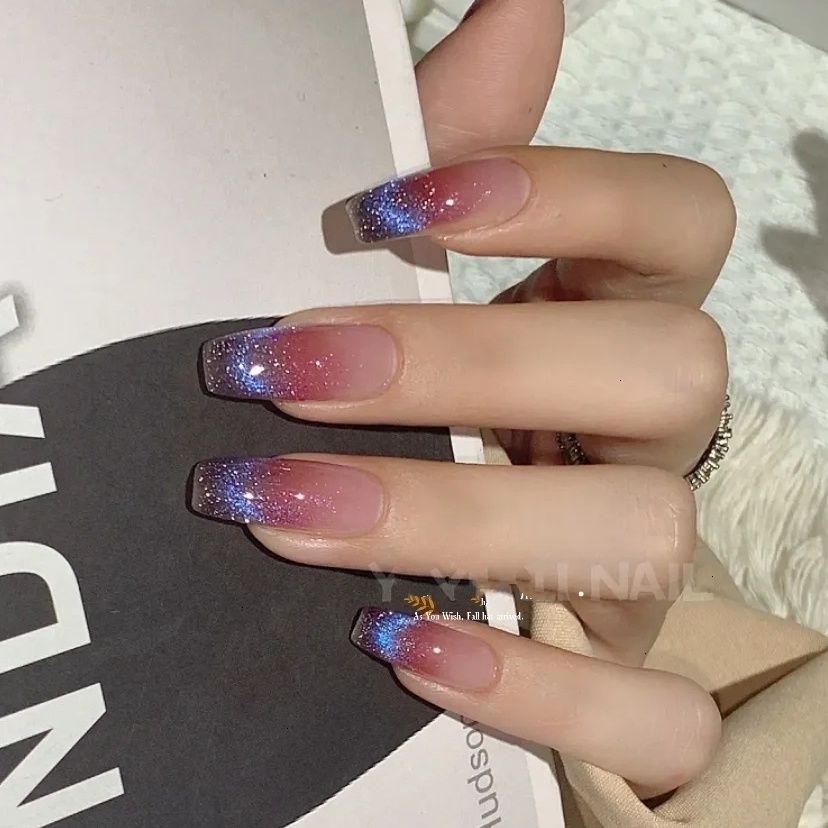 Designer: DuoDuo 1208.Handmade nails Press on Nails DIY Nail Art for woman girl French cat eye Shining Long Coffin pink