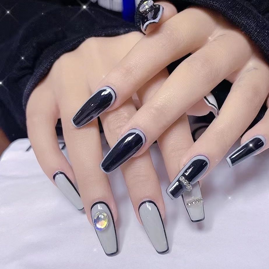 Designer: DuoDuo 1265.Handmade nails Press on Nails DIY Nail Art for woman girl Long Coffin black gray rhinestone