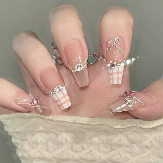 Designer: DuoDuo 2012.Handmade nails Press on Nails DIY Nail Art for woman girl French Long Coffin pink wedding