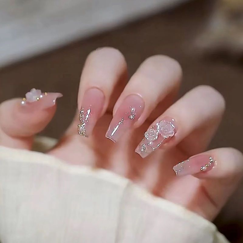 Designer: DuoDuo 1219.Handmade nails Press on Nails DIY Nail Art for woman girl Long Coffin pink wedding