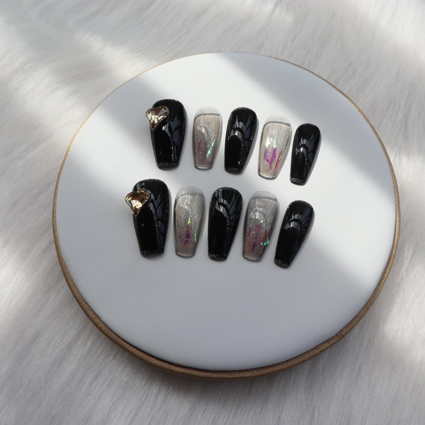 Designer: XinXin 30.Black gold foil heart handmade nails Press on Nails DIY Nail Art