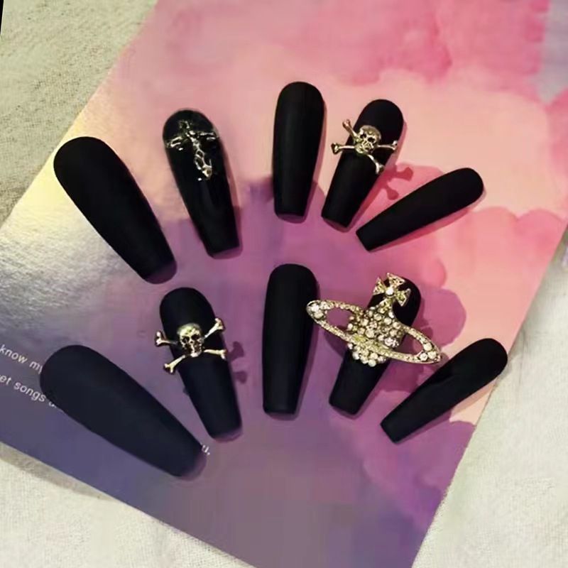 Designer: PinPin 1263.Handmade nails Press on Nails DIY Nail Art for woman girl Long Coffin black Metal