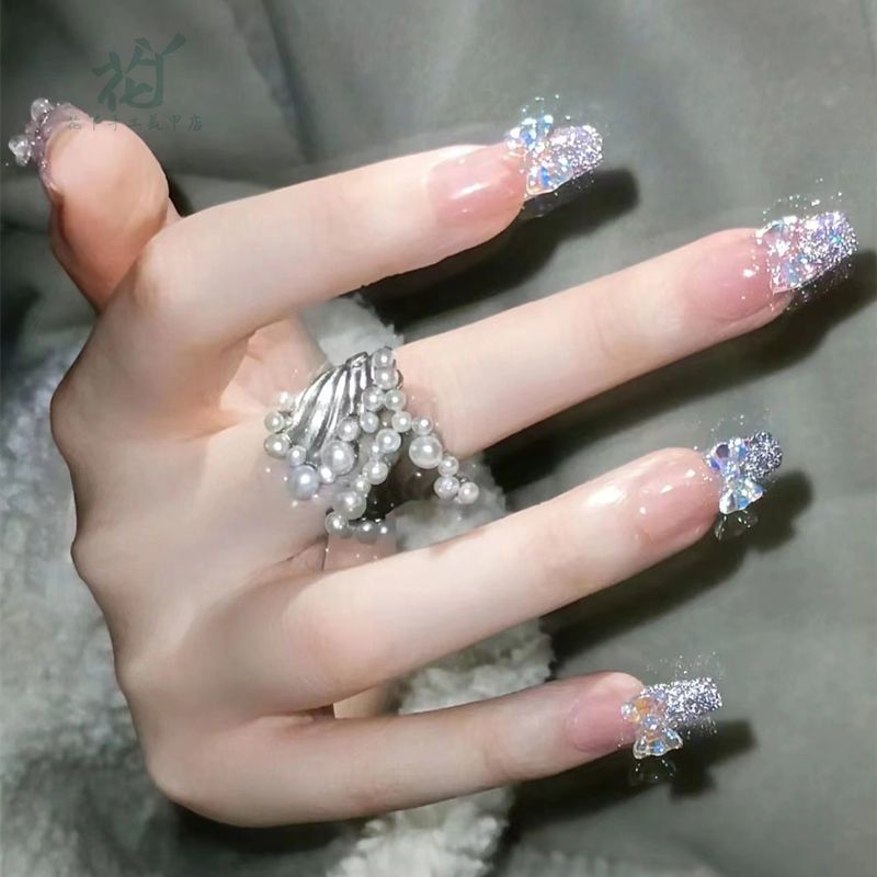 Designer: DuoDuo 1210.Handmade nails Press on Nails DIY Nail Art for woman girl French Shining Long Coffin pink