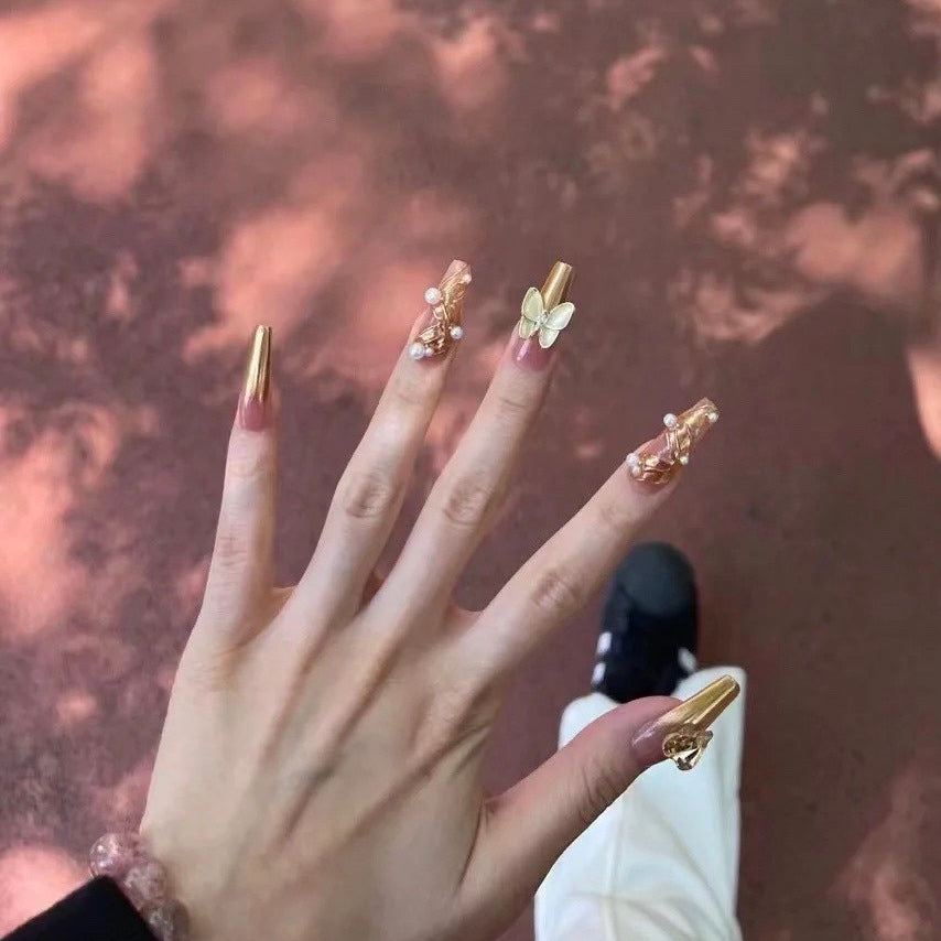 Designer: DuoDuo 2003.Handmade nails Press on Nails DIY Nail Art for woman girl Long Coffin gold