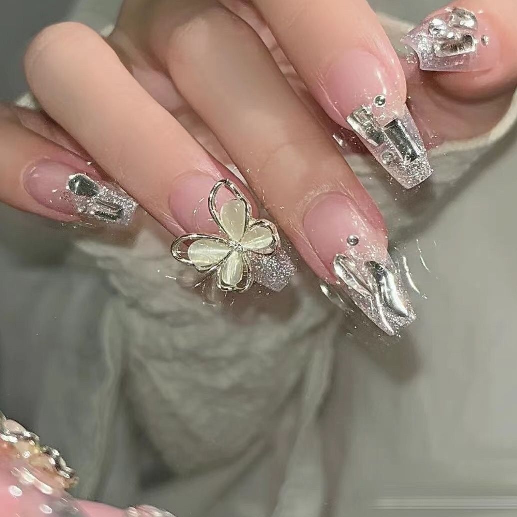 Designer: DuoDuo 1114.Handmade nails Press on Nails DIY Nail Art for woman girl French Long Coffin pink silver rhinestone