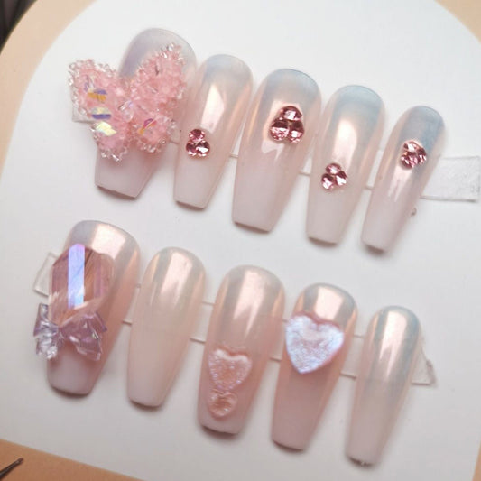 Designer: PinPin 3026.Handmade nails Press on Nails DIY Nail Art for woman girl Long Coffin pink