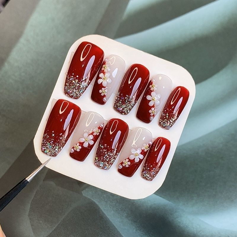 Designer: PinPin 1211.Handmade nails Press on Nails DIY Nail Art for woman girl Long Coffin red