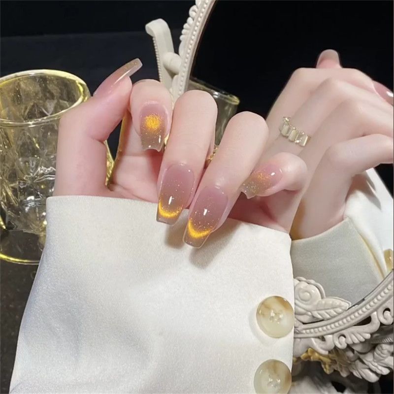 Designer: DuoDuo 1203.Handmade nails Press on Nails DIY Nail Art for woman girl French Cat Eyes Long Coffin yellow