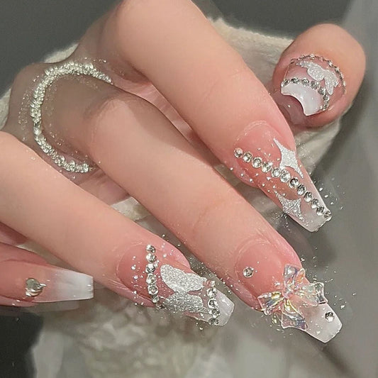 Designer: DuoDuo 1112.Handmade nails Press on Nails DIY Nail Art for woman girl Long Coffin pink wedding rhinestone