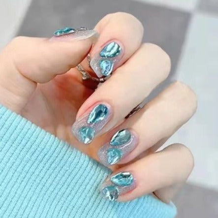 Designer: DuoDuo 3024.Handmade nails Press on Nails DIY Nail Art for woman girl Short blue