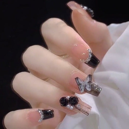 Designer: DuoDuo 1248.Handmade nails Press on Nails DIY Nail Art for woman girl French Long Coffin rhinestone black