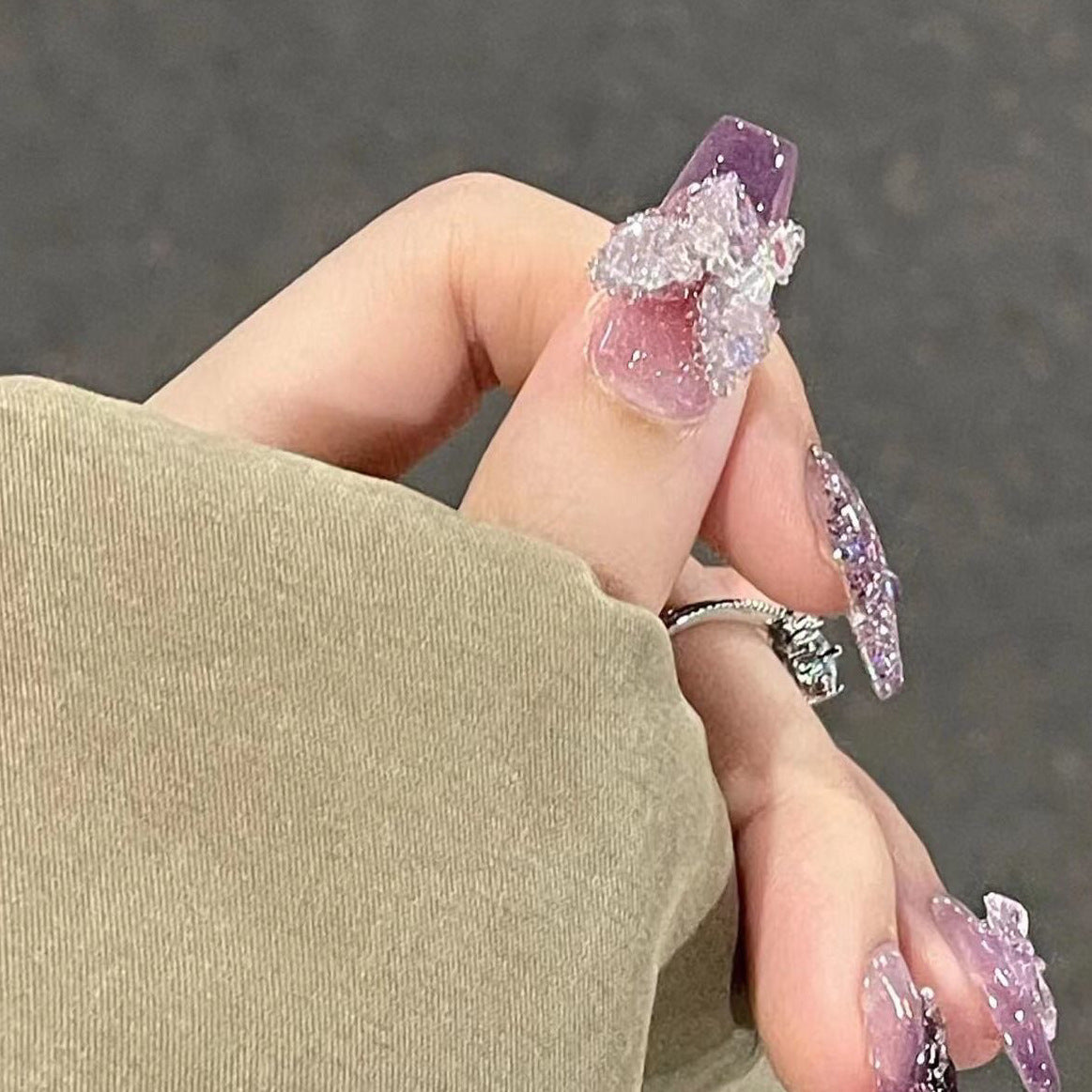 Designer: DuoDuo 1100.Handmade nails Press on Nails DIY Nail Art for woman girl Long Coffin purple wedding