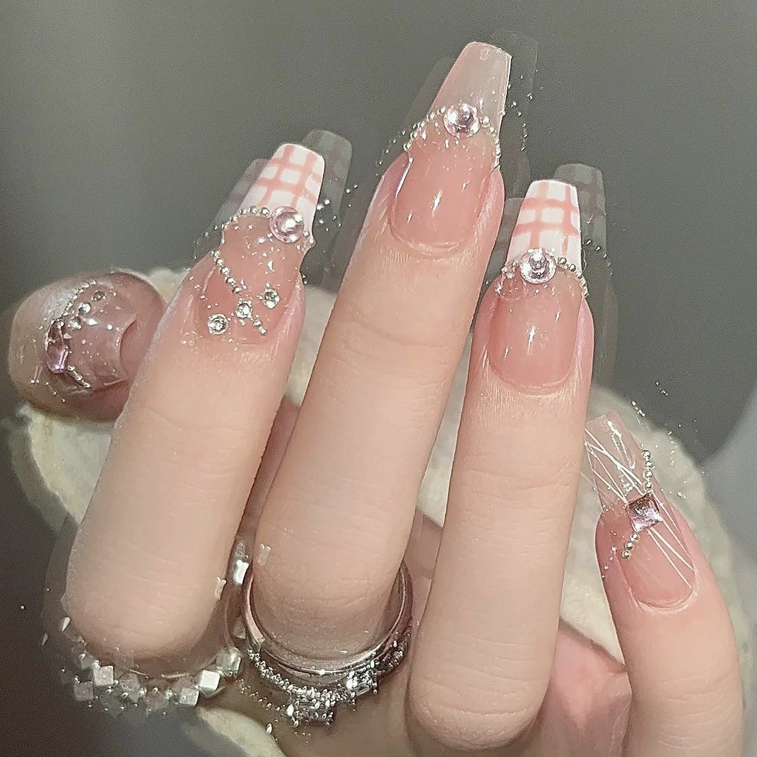 Designer: DuoDuo 2012.Handmade nails Press on Nails DIY Nail Art for woman girl French Long Coffin pink wedding