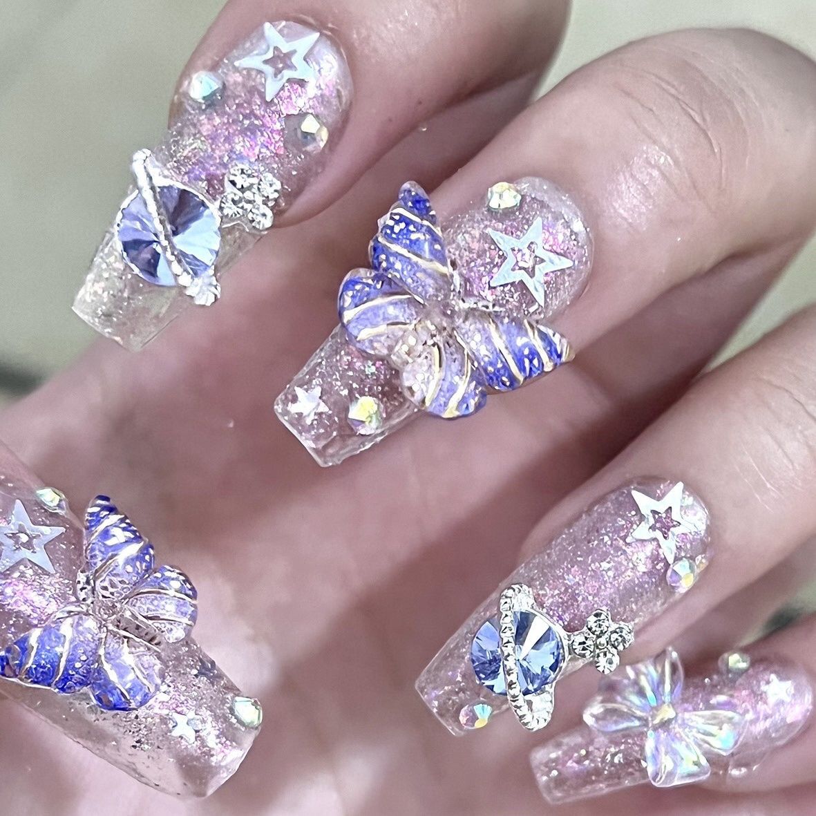 Designer: PinPin 1005.Handmade nails Press on Nails DIY Nail Art for woman girl Long Coffin pink  wedding