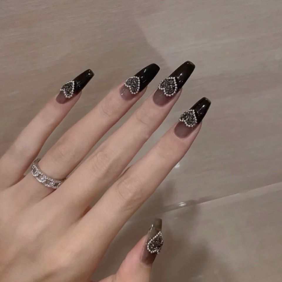 Designer: DuoDuo 2068.Handmade nails Press on Nails DIY Nail Art for woman girl French Long Coffin black