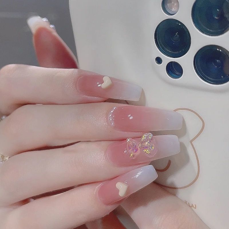 Designer: DuoDuo 1239.Handmade nails Press on Nails DIY Nail Art for woman girl French Long Coffin pink