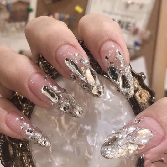 Designer: DuoDuo 1212.Handmade nails Press on Nails DIY Nail Art for woman girl Almond Long silver rhinestone