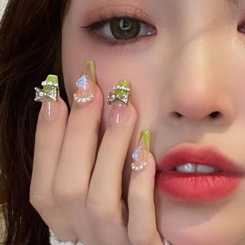 Designer: DuoDuo 1123.Handmade nails Press on Nails DIY Nail Art for woman girl French Long Coffin pink green