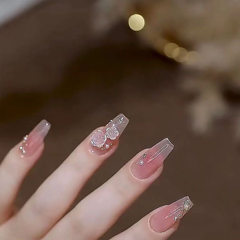 Designer: DuoDuo 1219.Handmade nails Press on Nails DIY Nail Art for woman girl Long Coffin pink wedding