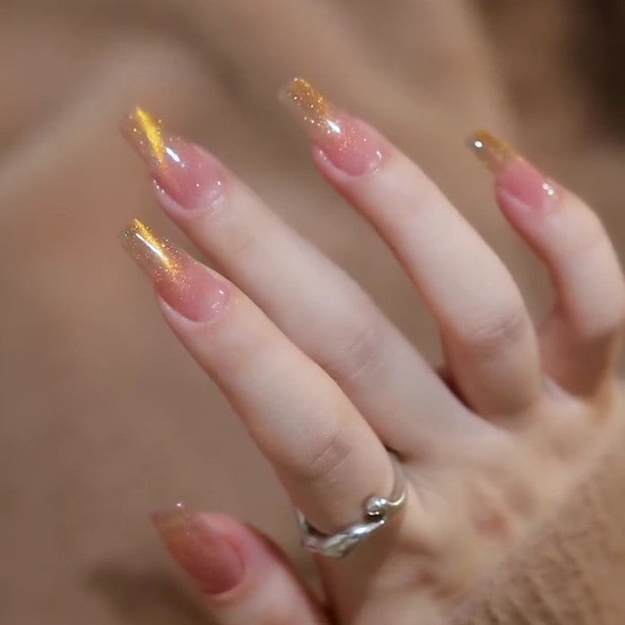 Designer: DuoDuo 1204.Handmade nails Press on Nails DIY Nail Art for woman girl French Cat Eyes Long Coffin gold pink