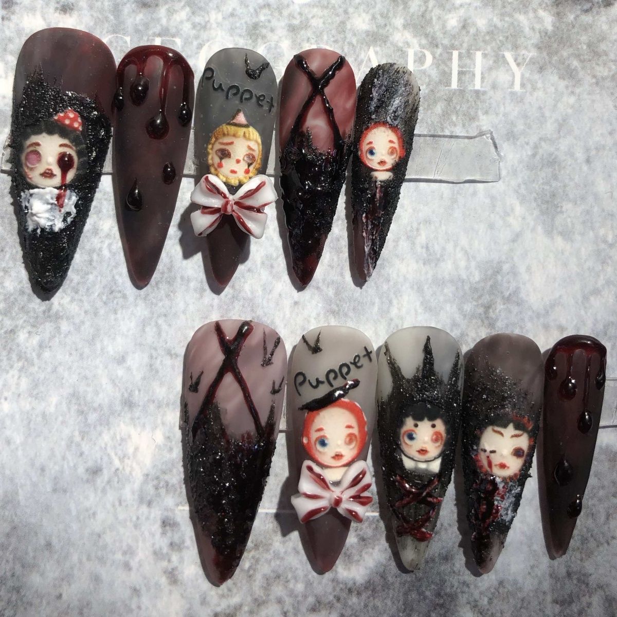 Designer: PinPin 1006.Handmade nails Press on Nails DIY Nail Art for woman girl  Almond Long brown Cartoon