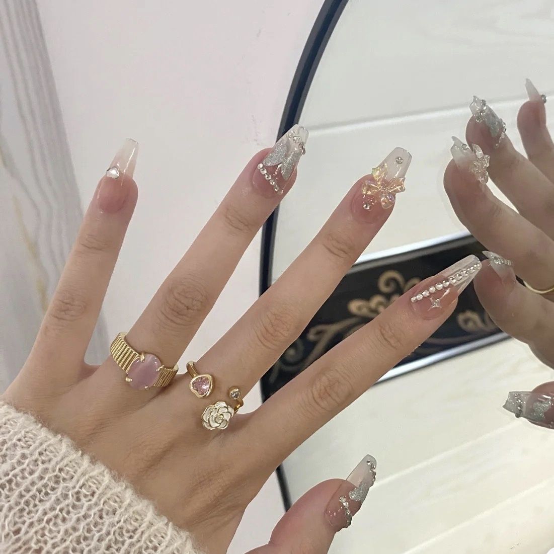 Designer: DuoDuo 2046.Handmade nails Press on Nails DIY Nail Art for woman girl French Cat Eyes Long Coffin pink wedding