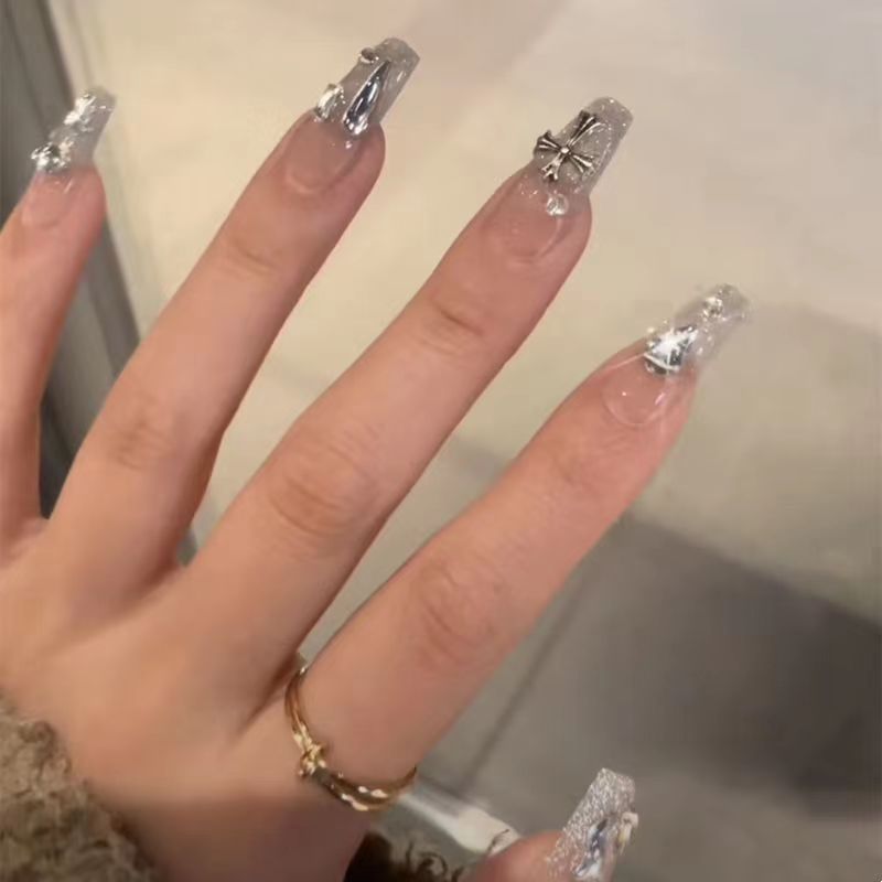 Designer: DuoDuo 1241.Handmade nails Press on Nails DIY Nail Art for woman girl Long Coffin silver rhinestone